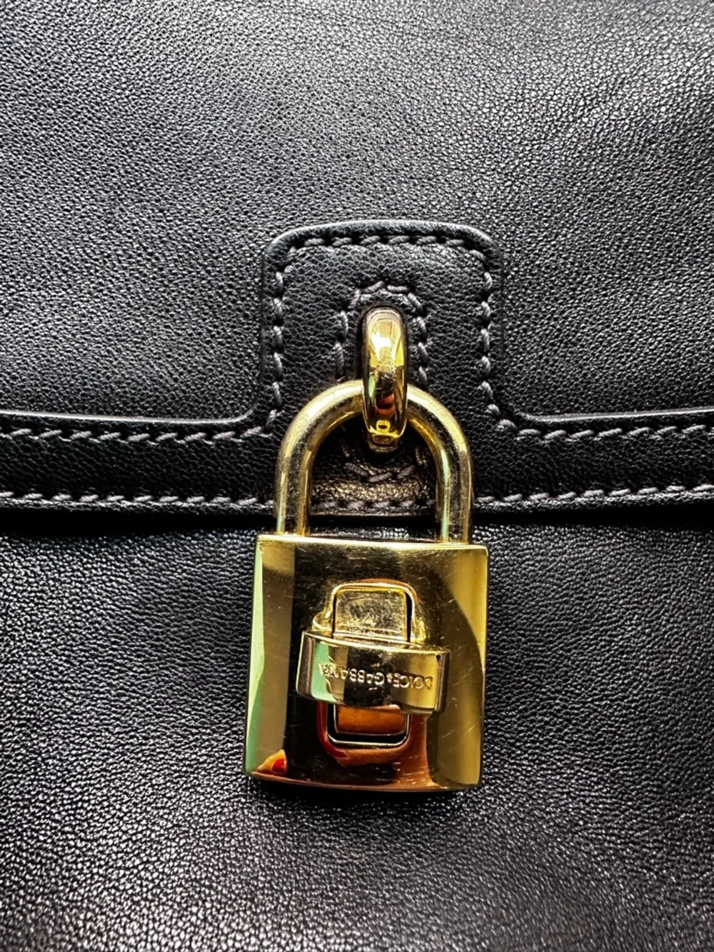 Dolce & Gabbana Black Leather Top-Handle Bag with Gold Lock - Picture 3 of 8